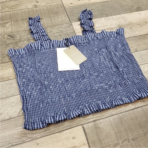 Belize Anthropologie Crop Top UK 16 US 12 Blue Gingham Checked Smocking BNWT - Picture 8 of 13